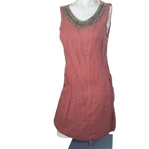 Lina Tomei Small dress Italy burnt orange stretch embellished beads pockets